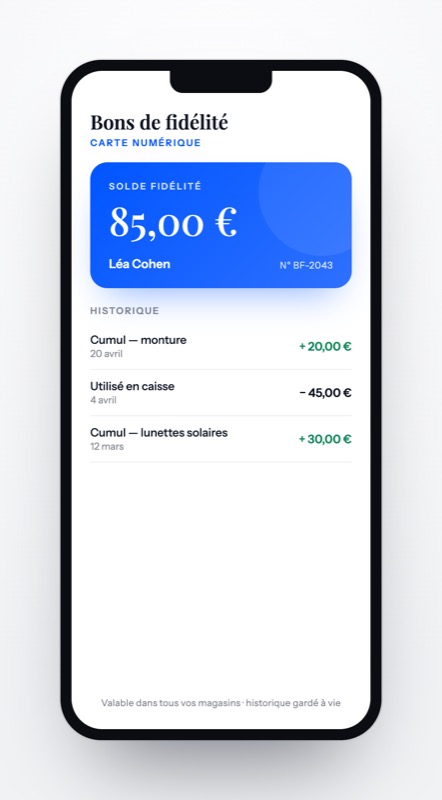 Bons de fidélité onlee, carte de fidélité numérique avec solde et historique, sur téléphone