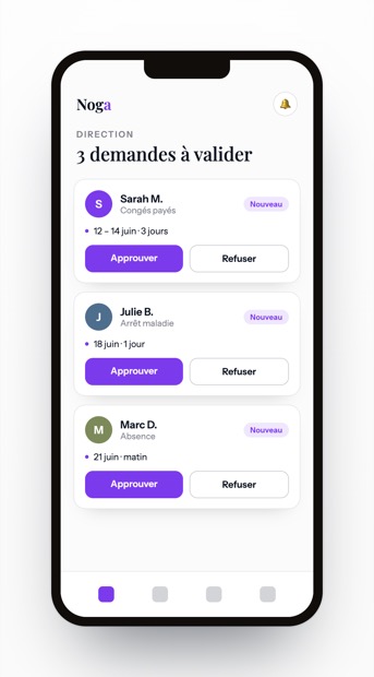 L'app Noga sur téléphone, la direction valide les congés en un clic